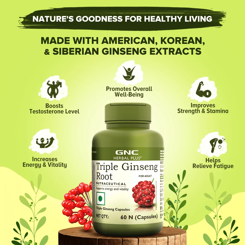 GNC Herbal Plus Triple Ginseng Root – 60 Vegetarian Capsules